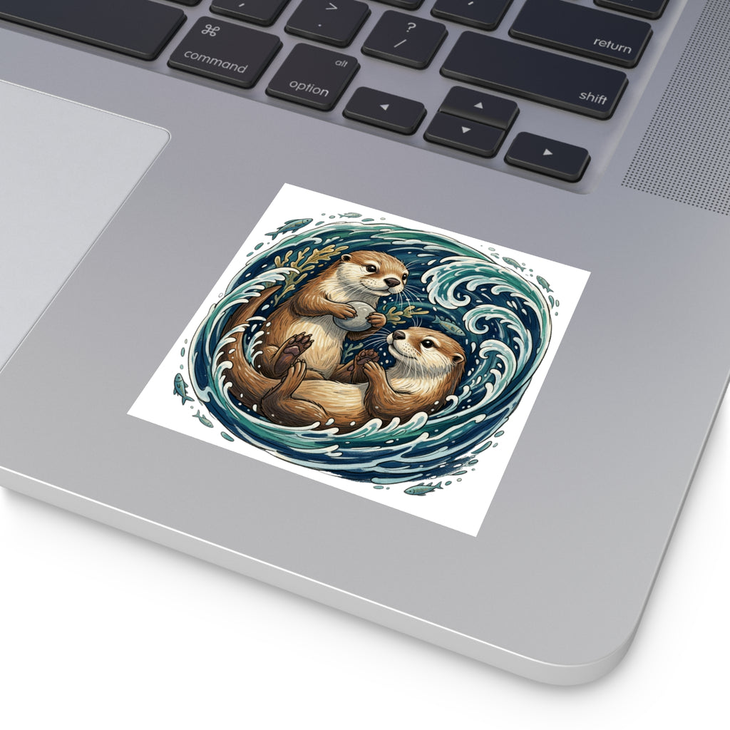 Otter Duo Square Vinyl Sticker — Playful Sea Otters in Ocean Wave Design