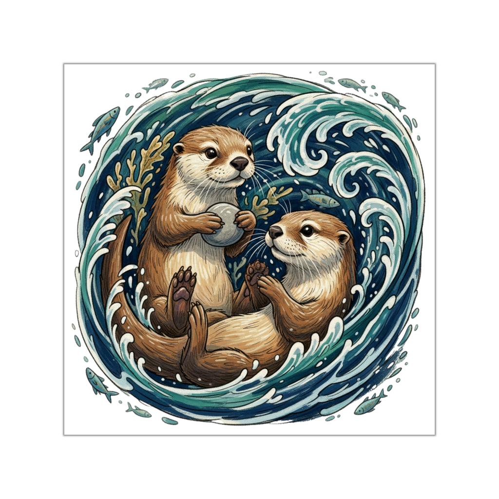 Otter Duo Square Vinyl Sticker — Playful Sea Otters in Ocean Wave Design