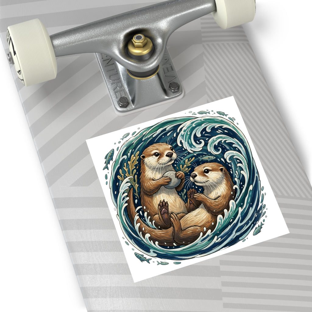 Otter Duo Square Vinyl Sticker — Playful Sea Otters in Ocean Wave Design