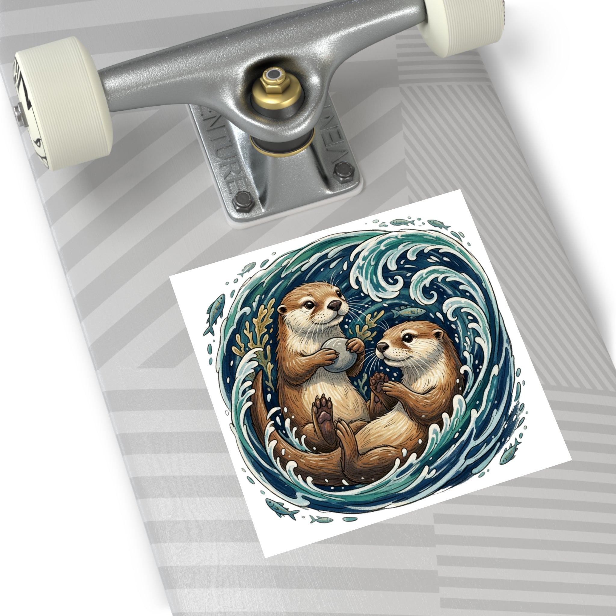 Otter Duo Square Vinyl Sticker — Playful Sea Otters in Ocean Wave Design