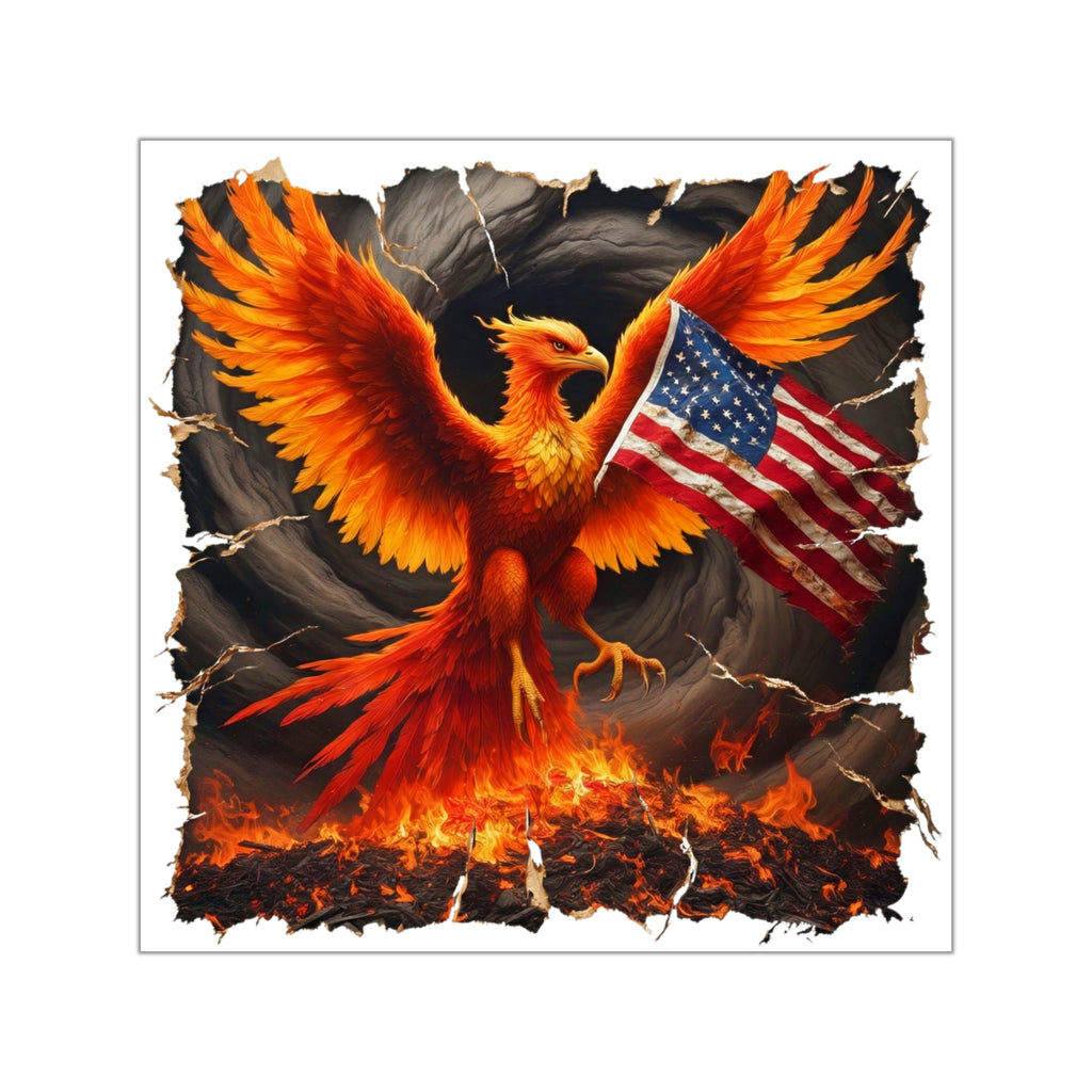 Phoenix with American Flag Square Vinyl Sticker — Patriotic Firebird Decal