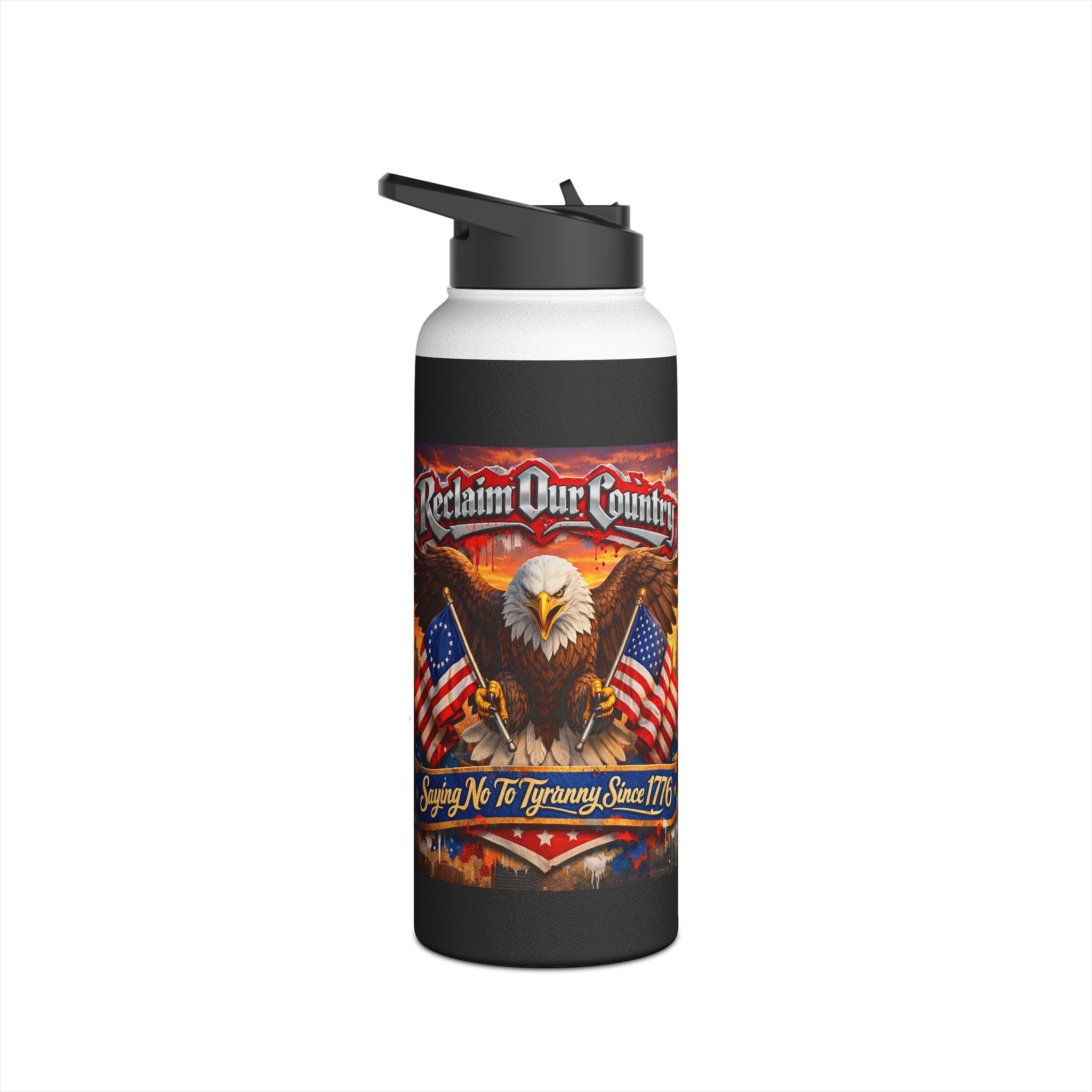 Patriotic Eagle & Flag Stainless Steel Water Bottle – “1776” Rustic American Liberty Design