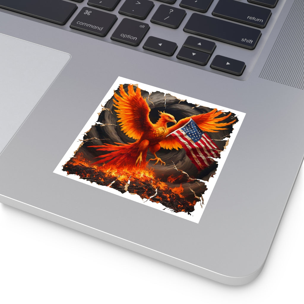 Phoenix with American Flag Square Vinyl Sticker — Patriotic Firebird Decal