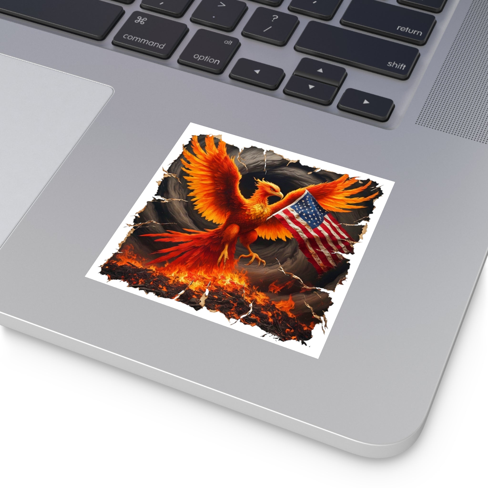 Phoenix with American Flag Square Vinyl Sticker — Patriotic Firebird Decal