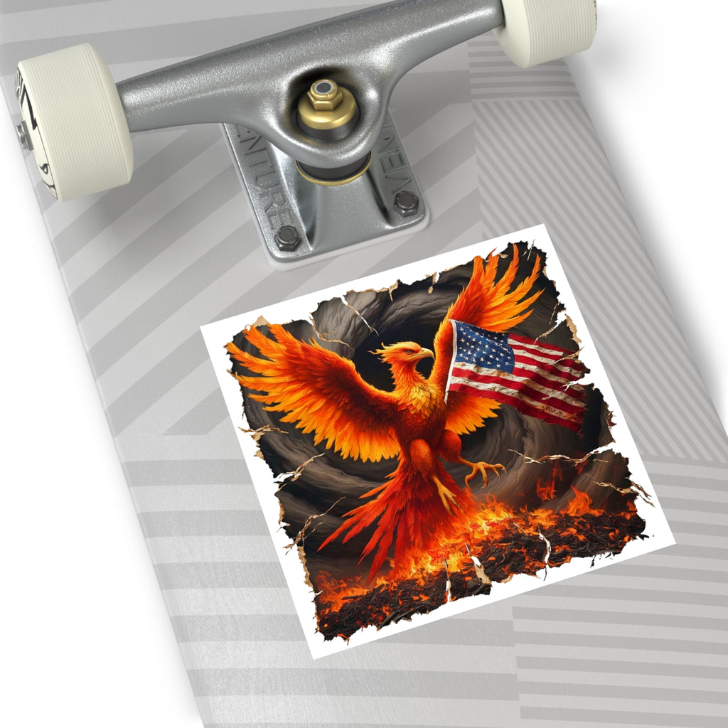 Phoenix with American Flag Square Vinyl Sticker — Patriotic Firebird Decal