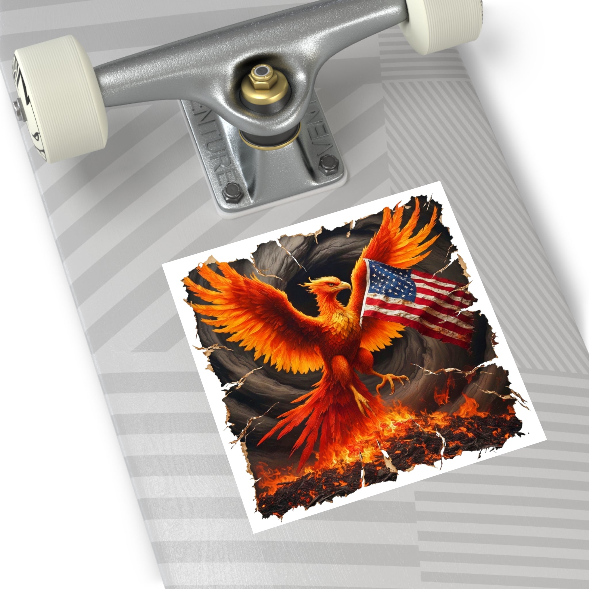 Phoenix with American Flag Square Vinyl Sticker — Patriotic Firebird Decal