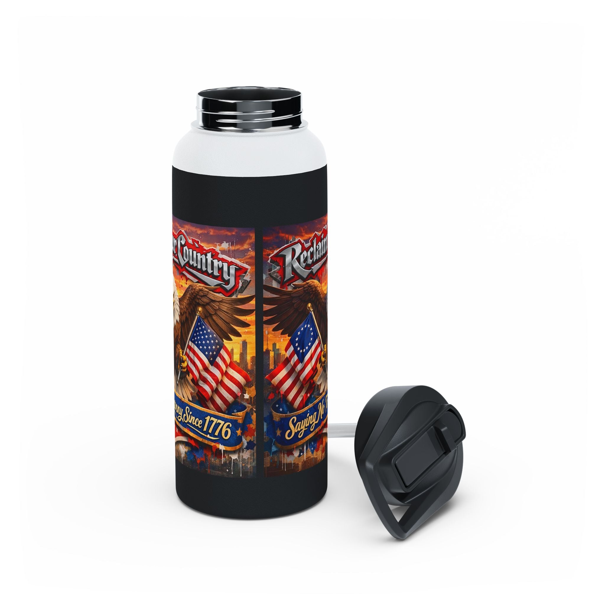 Patriotic Eagle & Flag Stainless Steel Water Bottle – “1776” Rustic American Liberty Design