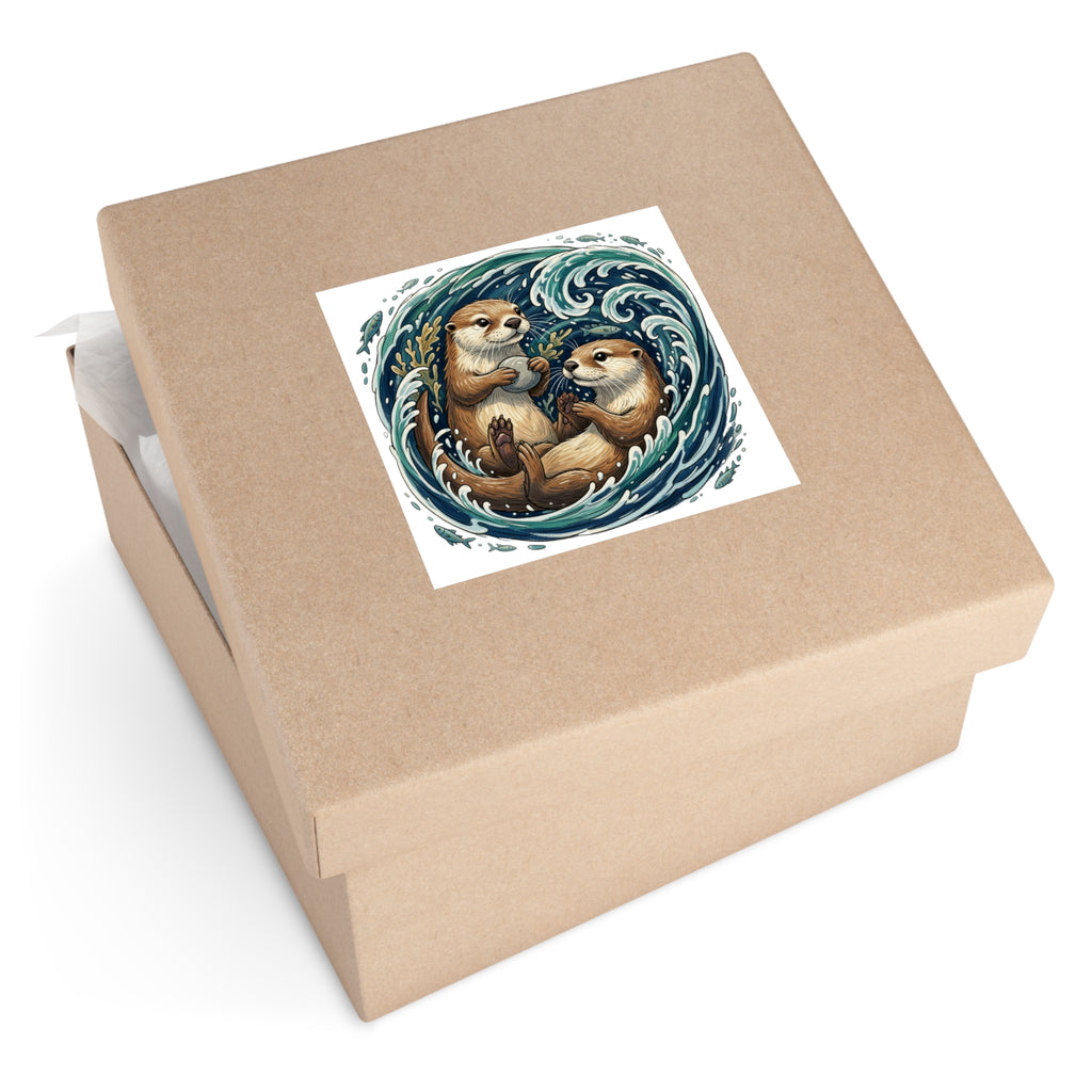 Otter Duo Square Vinyl Sticker — Playful Sea Otters in Ocean Wave Design