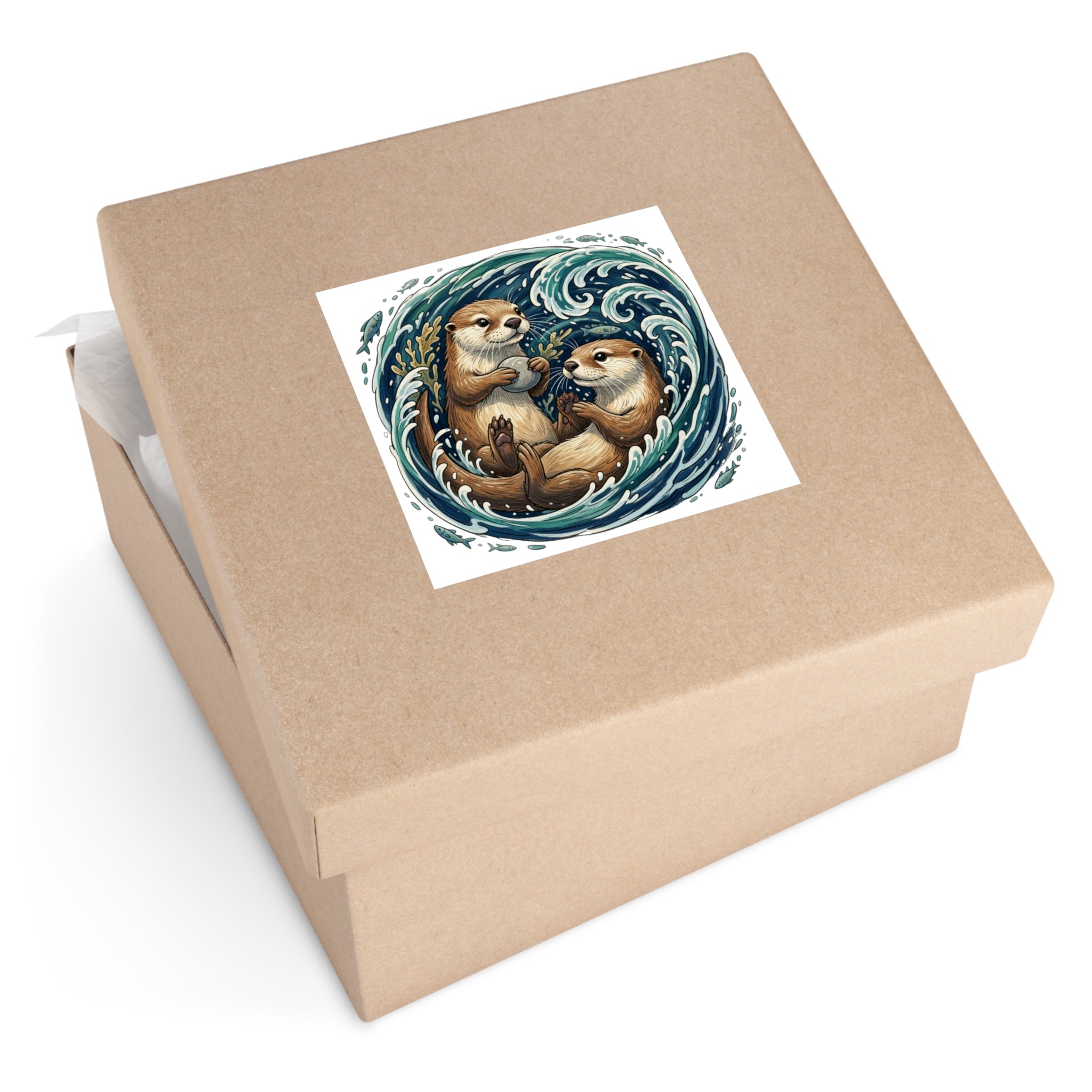 Otter Duo Square Vinyl Sticker — Playful Sea Otters in Ocean Wave Design